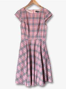 Pukavt Retro 50s Pink Plaid Fit and Flare Dress Womens Small Whimsy Twee Preppy